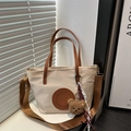 Minimalist cream nylon tote bag with brown leather handles and cute plush bear charm - Small / With Pendant / White
