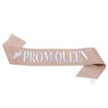 Detail of rose gold glitter Prom Queen sash featuring holographic crown and text - Light Rose Gold