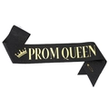 Elegant Prom Queen black glitter sash with gold lettering and crown for party celebrations - Black Gold