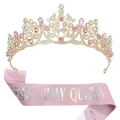 Set aus rosa Glitzer Birthday Queen Schärpe und goldener Strass Krone für Partys - Einheitsgröße / Rosa