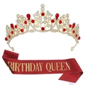 Birthday Queen set featuring a gold rhinestone tiara and red glitter sash - One Size / Red