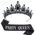Set Party Queen con corona de strass negros y banda brillante en fondo blanco - Conjunto Negro Irisado