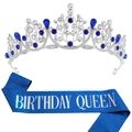 Birthday crown and blue sash set with Birthday Queen text and blue rhinestones - One Size / Blue