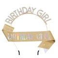 Glittering golden birthday girl set with rhinestone tiara and sparkling sequin sash - Gold Holographic Set