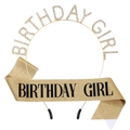 Birthday Girl set with gold rhinestone headband and sparkling glitter sash - FG804 Gold Black Letter Set
