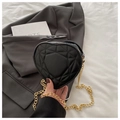 Black heart-shaped quilted chain crossbody bag with elegant gold metal strap and zipper - Black