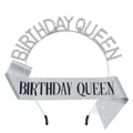 Tiara Birthday Queen d'argento con strass e fascia glitterata coordinata con testo - Argento Lettera Nera Cerchietto e Fascia