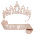 Set Party Queen con tiara de pedrería oro rosa y banda brillante de oro champán - Set Holográfico Oro Rosa