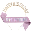 Ensemble écharpe rose pailletée et serre-tête Happy Birthday doré en strass - Set Illusion Rose