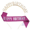 Birthday party set with golden rhinestone crown and purple glitter sash for girls - Holographic Purple Set