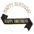 Ensemble d'anniversaire avec bandeau en cristal doré et écharpe noire dorée - Taille unique / Noir avec Texte Doré (Style B)