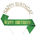 Sparkling green glitter sash and gold rhinestone Happy Birthday headband set for parties - Alloy B Sash / Green Gold Text