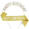 Golden birthday girl tiara and glitter sash set with Happy Birthday rhinestone lettering - Alloy B Sash / Iridescent Gold