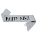 Glittery silver Party King sash with bold black lettering and gold safety pin for men - King Style (KING) / Silver With Black Text