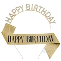 Birthday party set with sparkling gold glitter sash and rhinestone crown tiara - Alloy B Sash / Gold