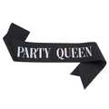 Glittering black Party Queen sash with laser printed lettering for bachelorette events - Queen Style (QUEEN) / Holographic Black