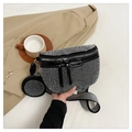 Black rhinestone crossbody bag with herringbone strap and round coin pouch detail - Silver Full Rhinestone (7029-XN) / Silver