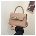 Elegante bolso de mano beige con cierre giratorio dorado y asa redonda fija - Caqui