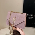 Sparkly pink crossbody bag with gold chain strap and letter tassel charm for women - Pink