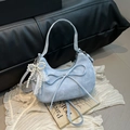 Sac hobo bleu clair rétro avec grand nœud et pendentif perle en suédine élégante - Bleu Sans Pendentif