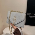 Silver glitter flap crossbody bag with gold-tone hardware and tassel chain strap - Silver
