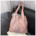 Borsa tote in chiffon a fiori rosa con motivo artistico e fiocco in pizzo bianco elegante - Rosa