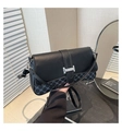 Elegant black leather crossbody bag featuring vintage grey geometric pattern details - Black