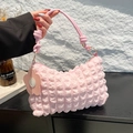 Pink ruched puffy underarm bag with knot strap and flower charm in casual style - Pink