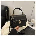 Chic black matte leather tote bag with elegant golden circular metal buckle lock - Pink