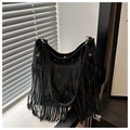 Borsa tote nera vintage bohémien con dettagli a frange e tracolla regolabile - Nero