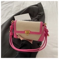 Chic beige canvas and peach pink leather patchwork shoulder bag with gold metal buckle - Rose Pink