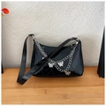 Black patent leather square bag with quilted pattern and silver butterfly chain detail - Black