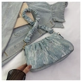 Detail of light blue denim handbag with silver sequins and ruffled scrunchie handle - Blue