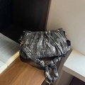 Dark grey sequined pleated cloud bag with silver pattern and gold metallic accents - Black