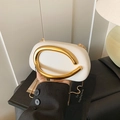 Elegant white semi-circular shoulder bag with gold C-shaped metal clasp and chain - White