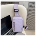 Detailed view of lavender nylon crossbody bag with vertical zipper and adjustable strap - Fashion Design (9496-F) / Purple