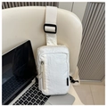 Detail of off-white nylon chest bag with waterproof texture hanging on a chair - Fashion Design (9496-F) / White