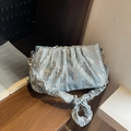 Light blue sequined pleated hobo bag with denim texture and sparkling silver details - Blue
