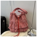Sac fourre-tout en toile à carreaux rouges et blancs avec bords à volants et cordon - Rouge