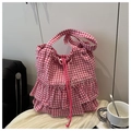 Sac fourre-tout en toile à carreaux roses et blancs avec volants et cordon - Rose