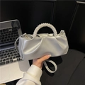 Pearlescent silver pleated handbag with pearl handle and detachable shoulder strap - Silver