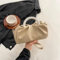 Beige pleated cloud bag with pearl handle and leather strap for shoulder or crossbody wear - Khaki
