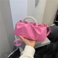 Pink ruched cloud bag with white pearl handle and thin crossbody shoulder strap - Pink