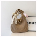 Borsa hobo in paglia intrecciata marrone chiaro con fiocco in pizzo crema vintage - Cachi (Con Sciarpa di Raso)