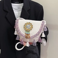 Bohemian white woven crossbody bag with purple embroidery and colorful beadwork tassels - Purple