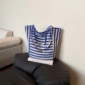 Blue and white striped canvas tote bag with long blue handles and gold metal plate - Blue Side A (Striped)
