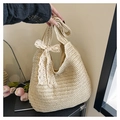Borsa tote intrecciata color crema fatta a mano con elegante fiocco in pizzo stile hobo - Bianco Sporco (Con Sciarpa di Raso)