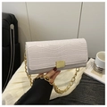 Close-up of white croc-embossed texture with gold chain and square buckle detail - White