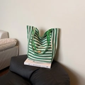 Green and white striped canvas tote bag with a handmade label for daily casual use - Green Side A (Striped)