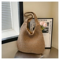 Borsa tote in paglia intrecciata a mano marrone naturale con tracolla larga estiva - Cachi